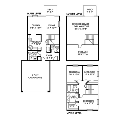 Floor plan for 3 beds, 2.5 baths, 2100 sqft